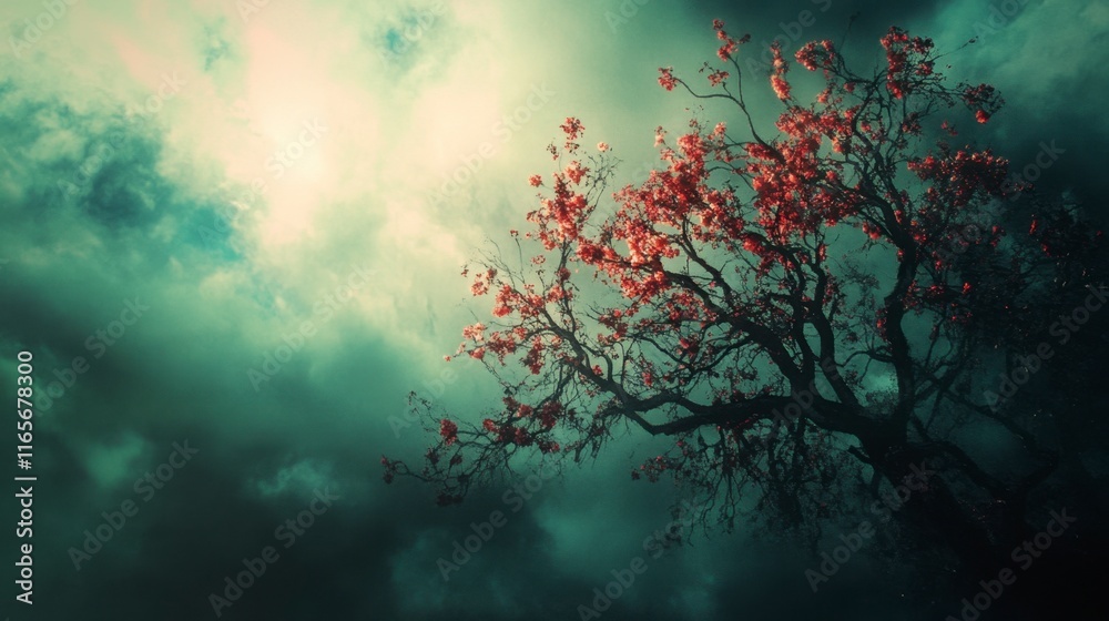 custom made wallpaper toronto digitalDark Moody Tree with Red Blossoms Against Stormy Sky