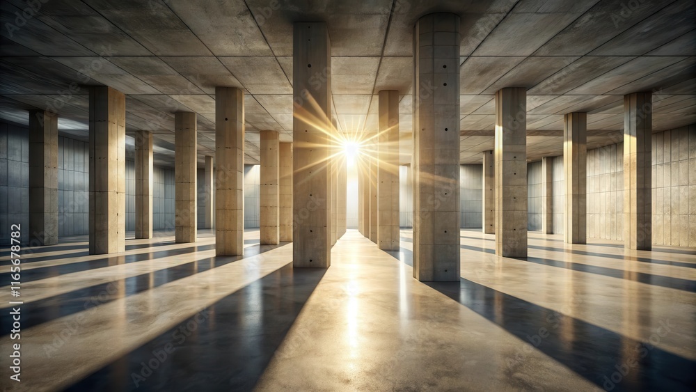 Sunlight Illuminates a Concrete Structure, Casting Long Shadows on the Smooth Floor Sunlight Illuminates a Concrete Structure, Casting Long Shadows on the Smooth Floor