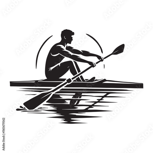 Rowing Silhouette Vector Illustration, Solid White Background.