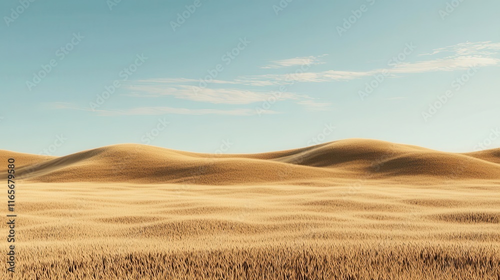 Rolling waves of a golden wheat field swaying in the gentle wind under a calm blue sky, exuding natural rhythm, patience, serenity, balance Rolling waves of a golden wheat field swaying in the gentle wind under a calm blue sky, exuding natural rhythm, patience, serenity, balance