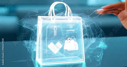 A shopper's hand interacting with a holographic shopping bag on a sleek, digital interface, as items materialize inside the bag photo