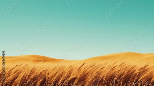 Rolling waves of a golden wheat field swaying in the gentle wind under a calm blue sky, exuding natural rhythm, patience, serenity, balance photo