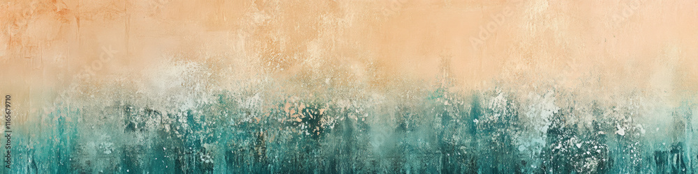 Peach and emerald gradient blending into aqua and beige tones. Subtle granular textures with metallic foil shimmer.