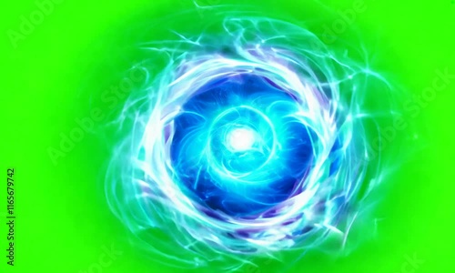 A swirling vortex of glowing blue energy beams converging at the center, dynamically looping on an isolated green screen background for sci-fi or fantasy effects