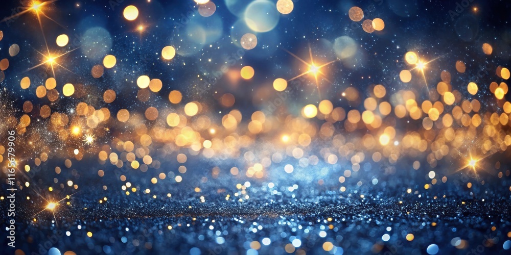 Fototapeta premium A sparkling background with scattered golden bokeh lights and blue glitter creating a dazzling festive atmosphere.