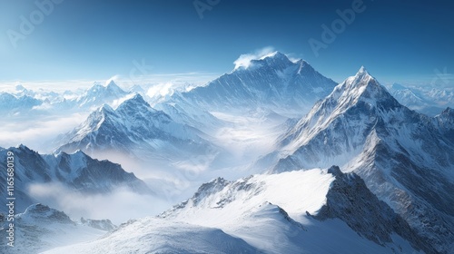 Snow-covered Mountains Under a Clear Blue Sky Create a Breathtaking Landscape in the Early Morning Light