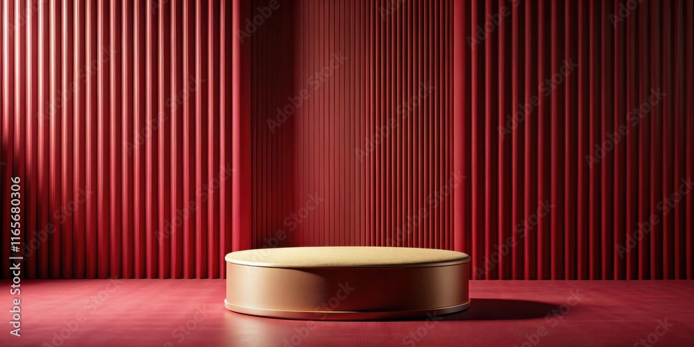 A gold podium against a backdrop of red vertical lines, creating a dramatic and elegant stage for product display.