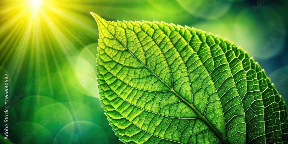 A close-up view of a single vibrant green leaf illuminated by bright sunlight, showcasing the intricate network of veins that connect the leaf's surface A close-up view of a single vibrant green leaf illuminated by bright sunlight, showcasing the intricate network of veins that connect the leaf's surface