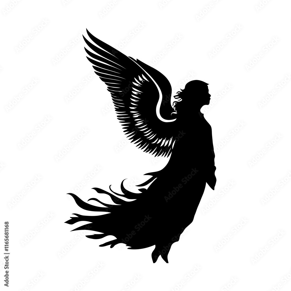 A silhouette of a Christmas angel with wings on her back on white background. The wings are black and white. A silhouette of a Christmas angel with wings on her back on white background. The wings are black and white.