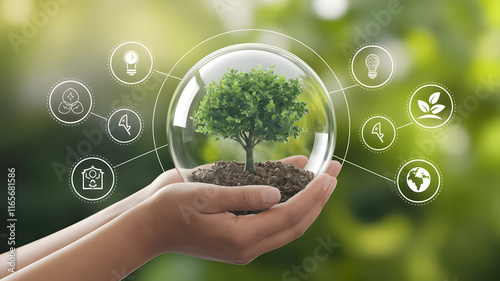 Hand holding a green tree with icons of energy sources for renewable, sustainable development. ecology and world sustainable environment concept. Saving the environment, saving the clean planet.
