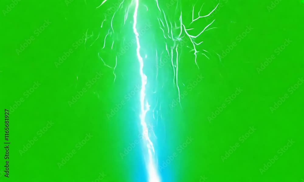 Electric shock effect with bright, vivid lightning bolts sparking and pulsing on an isolated green screen background