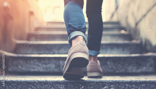 Close-Up View of Feet Walking Upstairs in Casual Shoes and Jeans with Warm Ambient Lighting photo