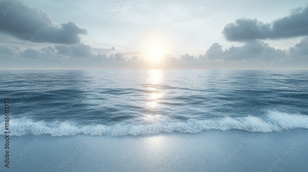 Fototapeta premium Serene ocean sunset with gentle waves on sandy beach.