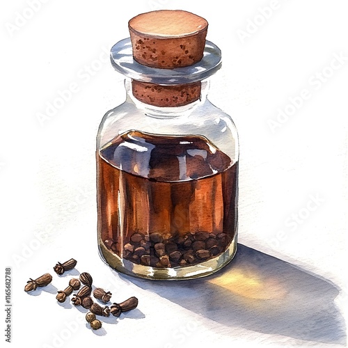 Watercolor Painting of a Glass Bottle Filled with Clove Oil and Scattered Cloves. photo