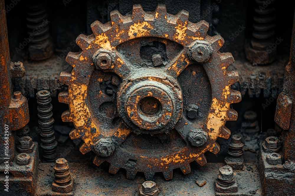 Rusty gear showcasing industrial decay in an abandoned factory with intricate textures Rusty gear showcasing industrial decay in an abandoned factory with intricate textures