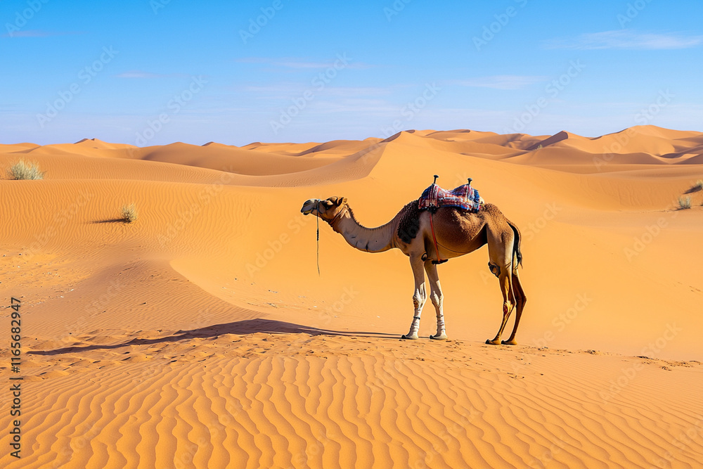 Fototapeta premium Silhouette of a camel in vast desert dunes