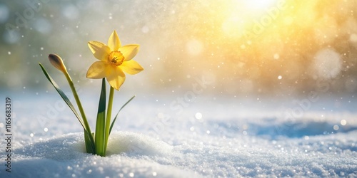 A single daffodil blooms bravely amidst a blanket of fresh snow, bathed in the warm glow of the winter sun.