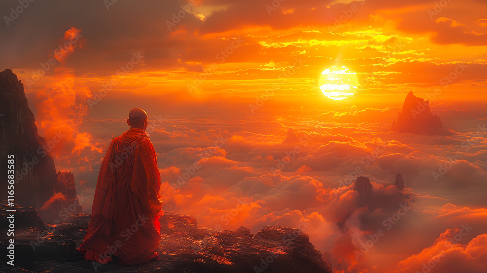 Wandering Monk at Sunrise Over Mountain Tops and Clouds - Spiritual Journey and Solitude in Nature at Dawn, Meditative Atmosphere with Vibrant Colors and Tranquility, Inspiring Serenity and Peace Wandering Monk at Sunrise Over Mountain Tops and Clouds - Spiritual Journey and Solitude in Nature at Dawn, Meditative Atmosphere with Vibrant Colors and Tranquility, Inspiring Serenity and Peace