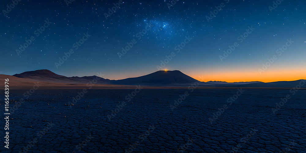 Starry night over a vast, cracked desert landscape with silhouetted mountains. Starry night over a vast, cracked desert landscape with silhouetted mountains.
