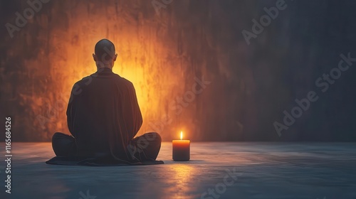 Monk kneeling in prayer by a softly glowing candle, timeless and meditative, patience, serenity, balance