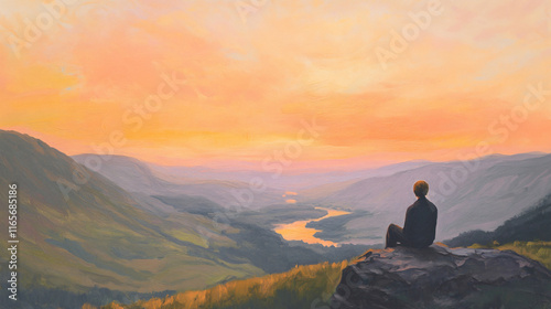 A solitary figure overlooking a scenic valley at sunset, immersed in deep contemplation. photo