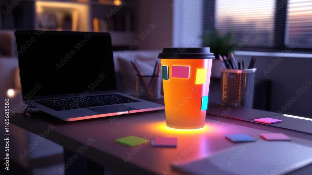 A dynamic workspace with adjustable desk height, modern laptop, colorful sticky notes, and a coffee cup glowing with LED accents. A dynamic workspace with adjustable desk height, modern laptop, colorful sticky notes, and a coffee cup glowing with LED accents.