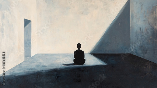 A solitary figure sitting in a vast empty room, surrounded by shadows, symbolizing isolation and introspection. photo