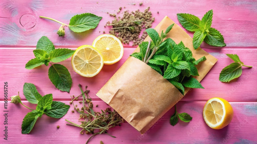 A fresh bunch of mint leaves wrapped in brown paper sits on a pink wooden surface, accompanied by lemon slices and scattered sprigs of dried herbs. A fresh bunch of mint leaves wrapped in brown paper sits on a pink wooden surface, accompanied by lemon slices and scattered sprigs of dried herbs.