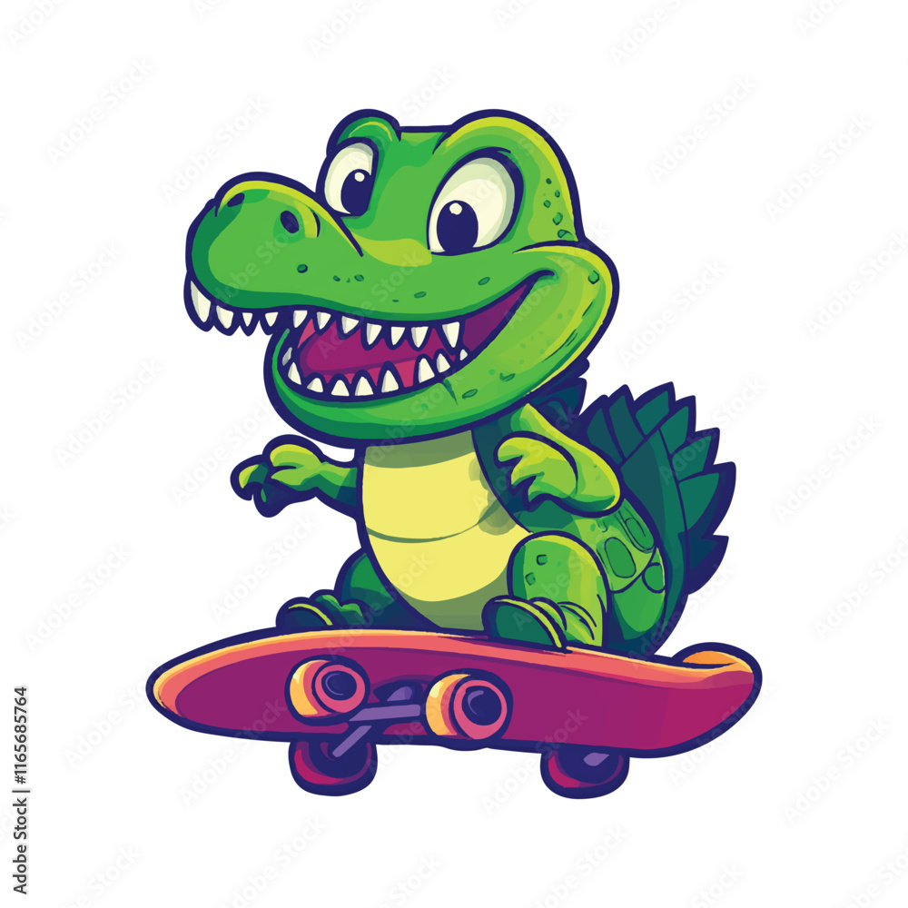 Naklejka premium cute crocodile playing skateboard cartoon vector illustration
