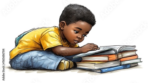 Toddler engrossed in reading books.