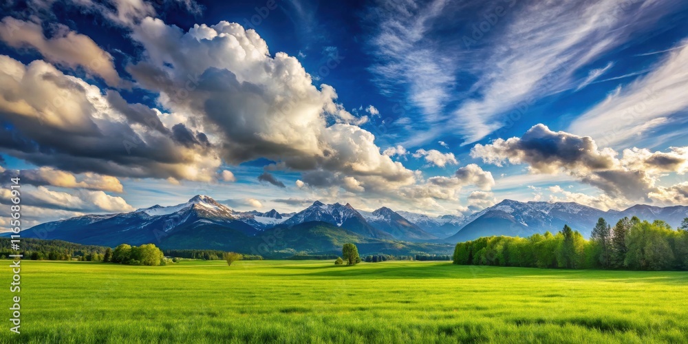 Obraz premium A lush green meadow stretches towards snow-capped mountain peaks, framed by a breathtaking sky filled with dramatic clouds.