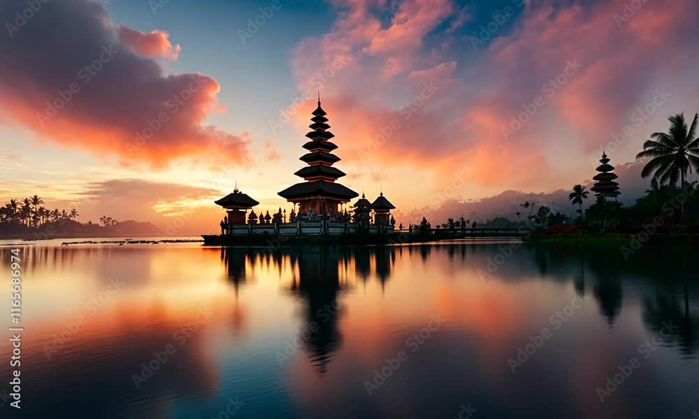 Serene sunset over a traditional temple reflected in tranquil waters. Serene sunset over a traditional temple reflected in tranquil waters.