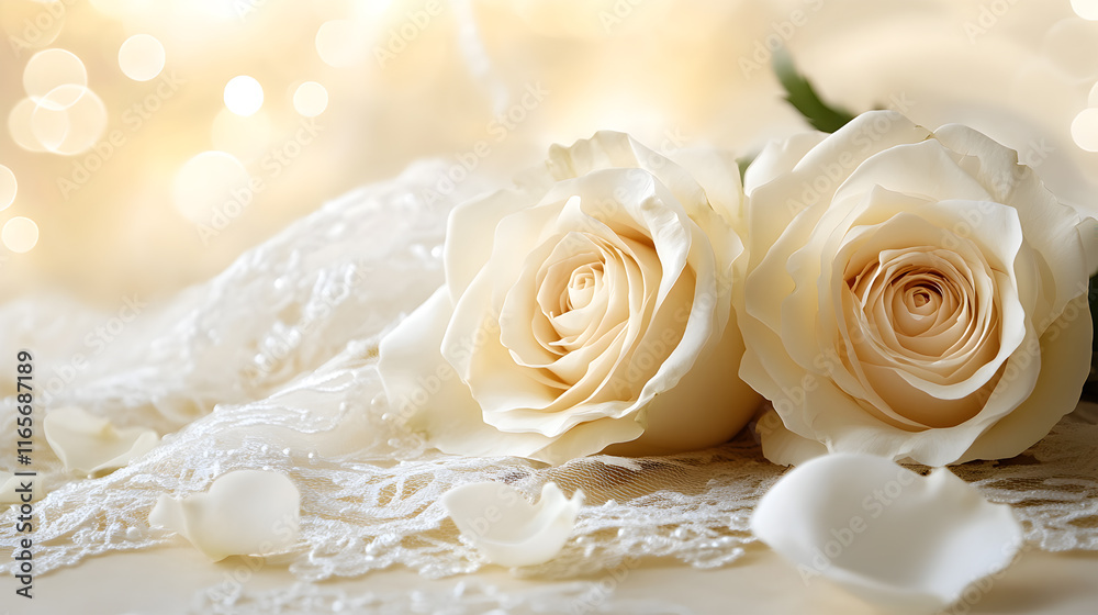 Elegant White Roses and Lace With Delicate Petals on Beige Background Featuring Soft Bokeh Lights for Romantic and Wedding-Themed Designs Elegant White Roses and Lace With Delicate Petals on Beige Background Featuring Soft Bokeh Lights for Romantic and Wedding-Themed Designs