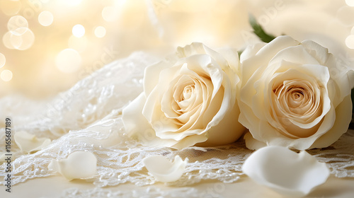 Elegant White Roses and Lace With Delicate Petals on Beige Background Featuring Soft Bokeh Lights for Romantic and Wedding-Themed Designs