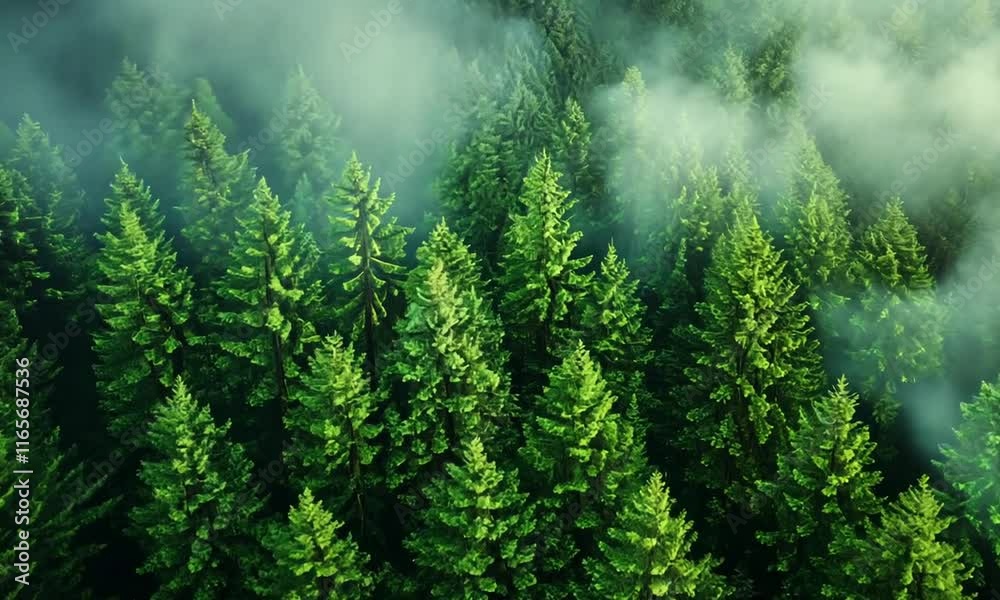 Lush green forest with misty clouds creating a serene atmosphere. Lush green forest with misty clouds creating a serene atmosphere.