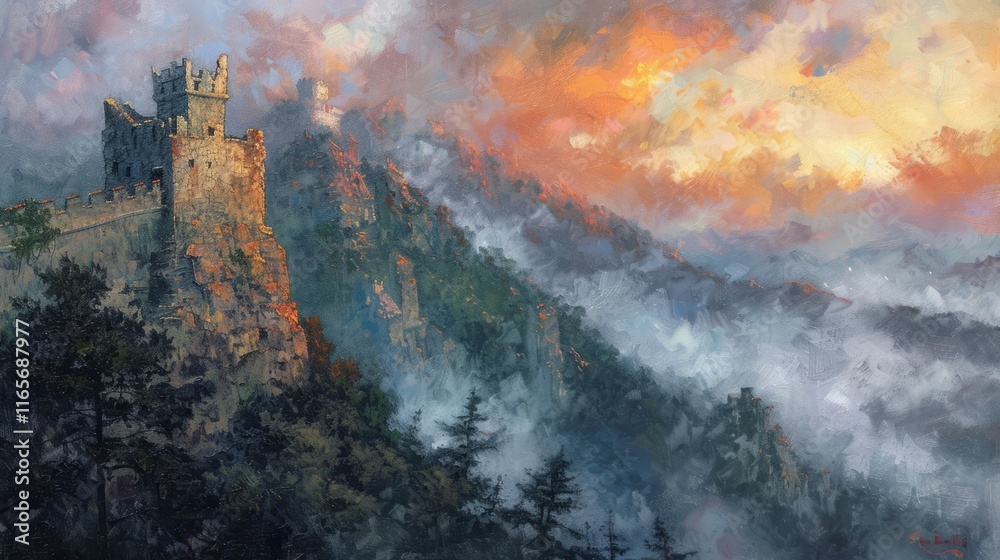 Fototapeta premium A majestic castle atop a misty mountain at sunset, evoking a sense of mystery and wonder.