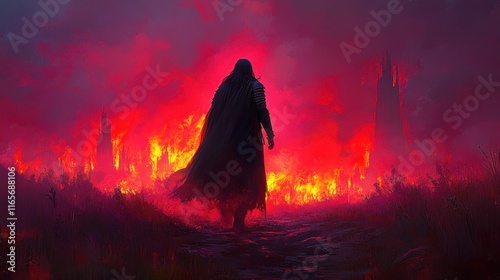 Silhouette figure walking away from burning city at twilight.