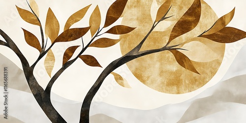 Abstract autumnal tree branches with golden leaves and sun.