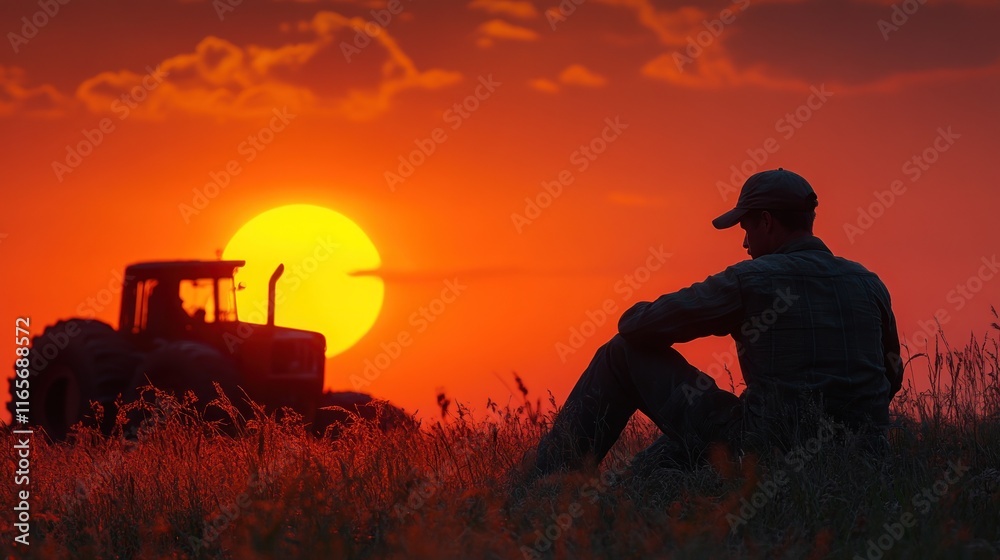 Fototapeta premium Silhouette of a farmer sitting in a field at sunset with a tractor in the background.