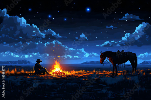 Cowboy resting by campfire under starry night sky with horse.