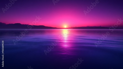 Vibrant Sunset Over Calm Ocean Mountains Silhouette