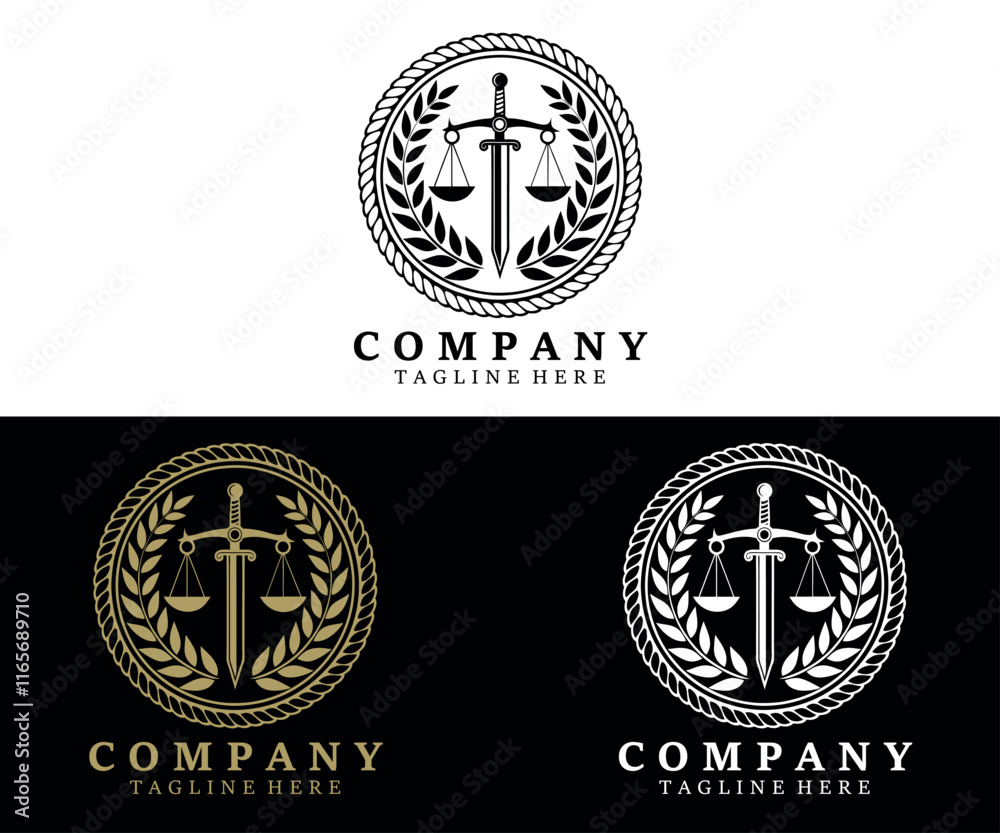 Naklejka premium Law Logo design with sword, wreath symbol vector design. Perfect for for law firm, company, lawyer or attorney office logo.