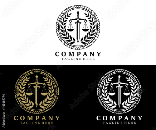 Law Logo design with sword, wreath symbol vector design. Perfect for for law firm, company, lawyer or attorney office logo.