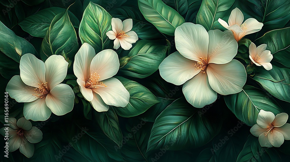 Obraz premium Creamy White Flowers Amidst Lush Green Leaves