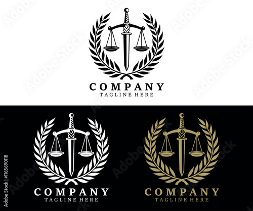 Law Logo design with sword, wreath symbol vector design. Perfect for for law firm, company, lawyer or attorney office logo.