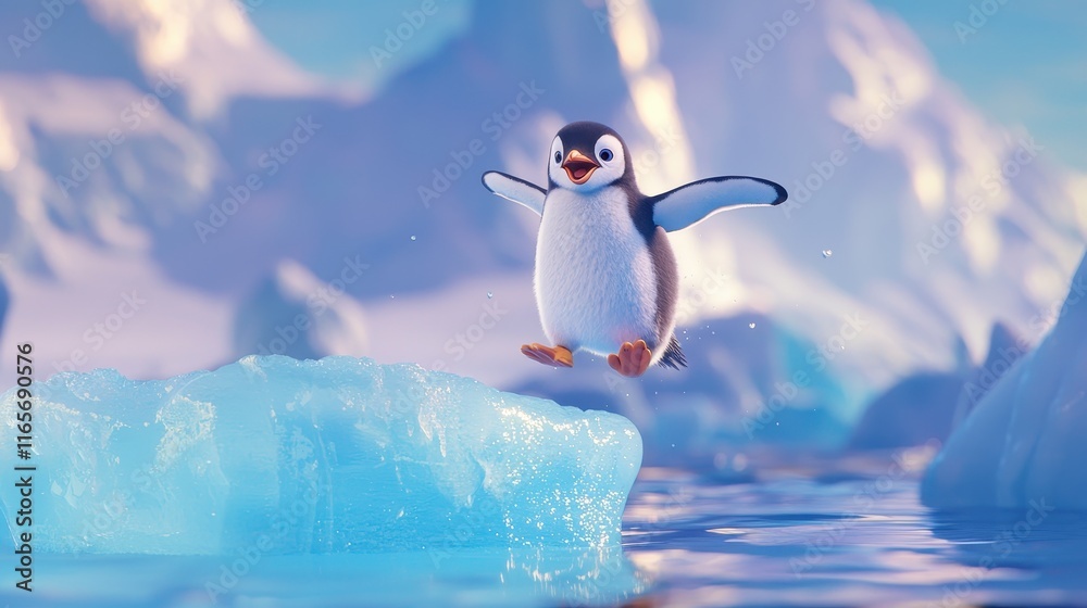 Fototapeta premium Penguin Jumping from Ice Block