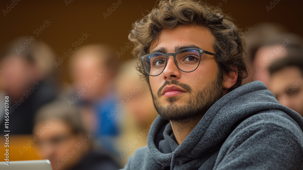 Fototapeta premium Focused young man wearing glasses and a hoodie listening attentively in a lecture hall, surrounded by blurred classmates.
