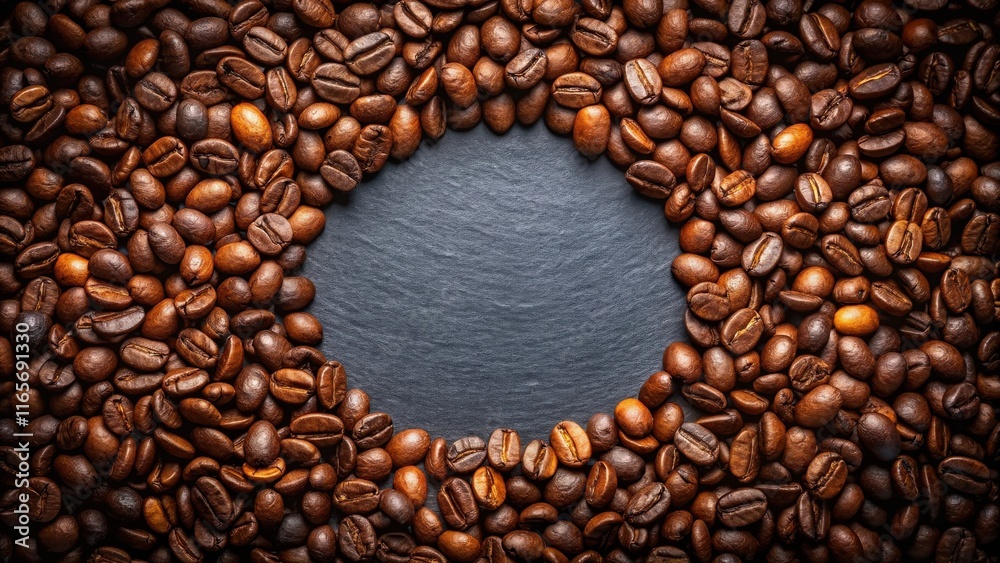 A circle of roasted coffee beans on a dark slate surface, framing a blank space for text or design. A circle of roasted coffee beans on a dark slate surface, framing a blank space for text or design.
