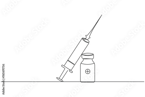 Vaccine and syringe one line drawing and medical icon continuous isolated outline flat vector icon