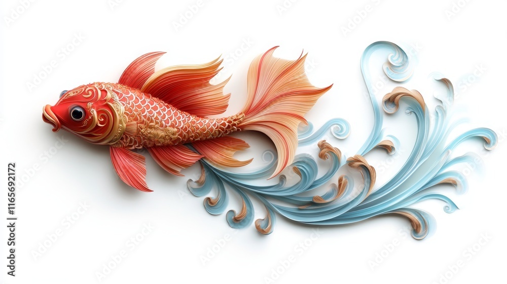 Fototapeta premium Underwater Extravaganza - Whimsical Red and Gold 3D Fish in Soft Wave Frame for Banner Designs